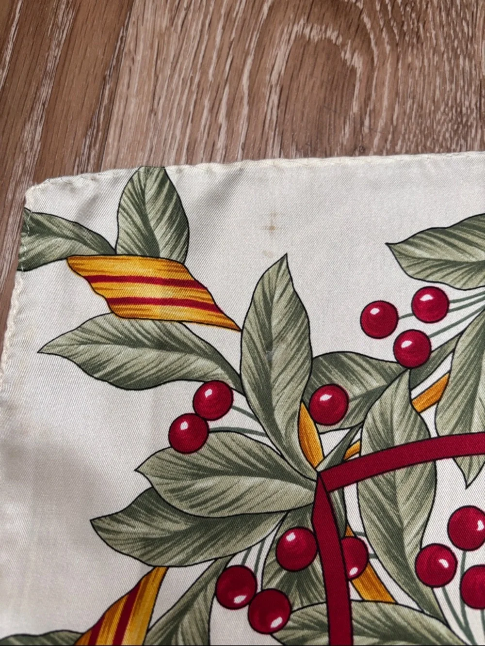 Vintage Oscar de la Renta Silk Scarf, Cream Holly Berry Holiday Print 34